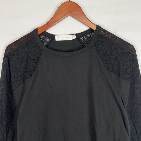 Jonathan Simkhai Long Sleeve Crew Neck Lace Side Cinched Cotton Top Black L - Picture 3 of 8